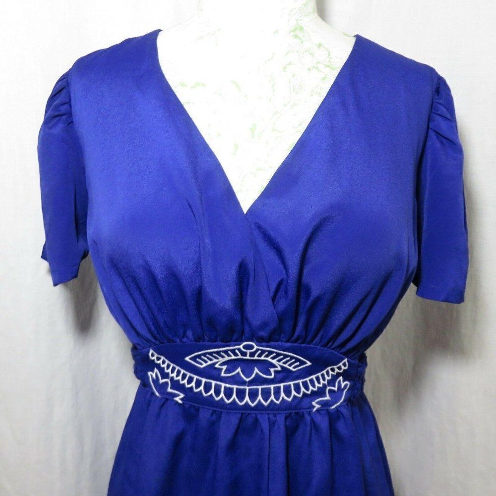 MOdcloth Pinup Retro M Cobalt Blue Dress Belted Embroidered Waist